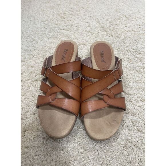 Bjorndal Mabel Cognac Leather Wedge Heel Ankle Strap Sandals Women's 8m‎ 260075 - Picture 1 of 11